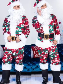 Men's Christmas Set Red Polyester Fiber Hat Pants Top Polyester Santa Clause Holidays Costumes