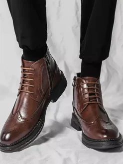 Mens Classic Wingtip Dress Boots Round Toe Leather Low Heel Business Derby Ankle Boots