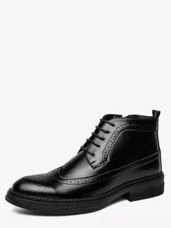 Mens Classic Wingtip Dress Boots Round Toe Leather Low Heel Business Derby Ankle Boots