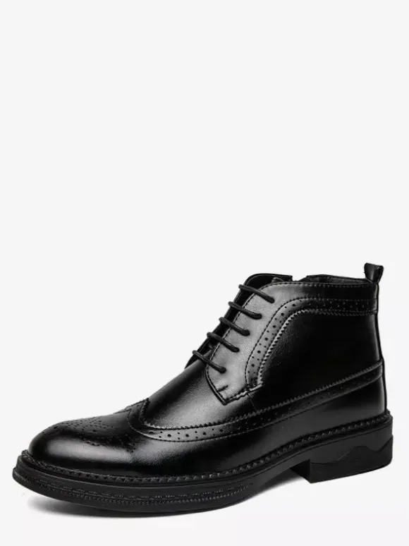 Mens Classic Wingtip Dress Boots Round Toe Leather Low Heel Business Derby Ankle Boots