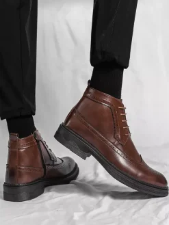 Mens Classic Wingtip Dress Boots Round Toe Leather Low Heel Business Derby Ankle Boots