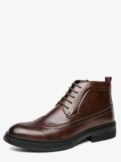 Mens Classic Wingtip Dress Boots Round Toe Leather Low Heel Business Derby Ankle Boots