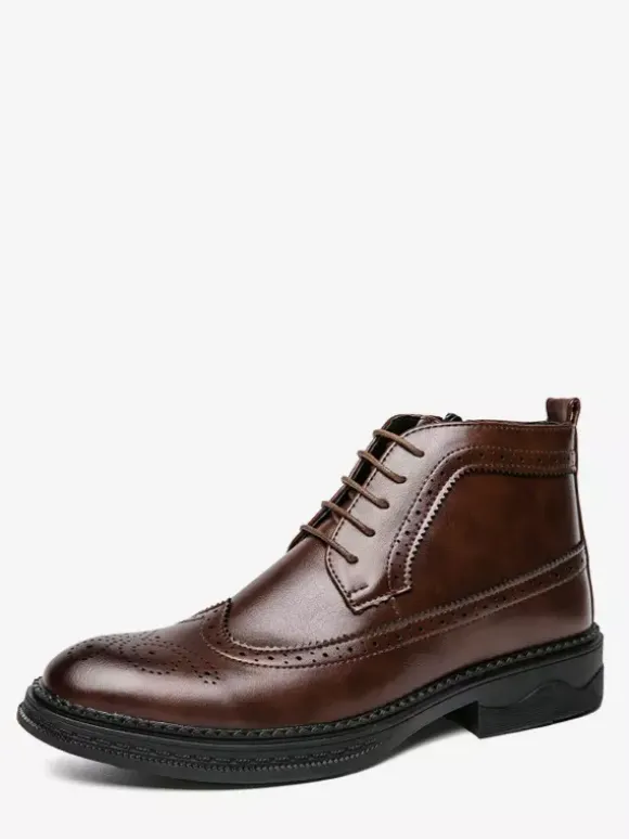 Mens Classic Wingtip Dress Boots Round Toe Leather Low Heel Business Derby Ankle Boots