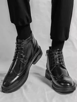 Mens Classic Wingtip Dress Boots Round Toe Leather Low Heel Business Derby Ankle Boots