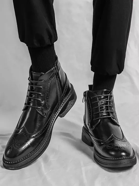 Mens Classic Wingtip Dress Boots Round Toe Leather Low Heel Business Derby Ankle Boots