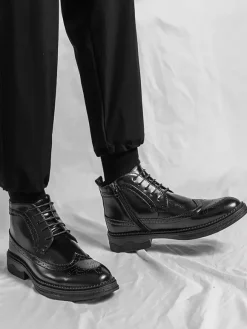 Mens Classic Wingtip Dress Boots Round Toe Leather Low Heel Business Derby Ankle Boots