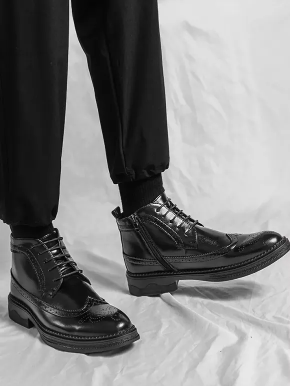 Mens Classic Wingtip Dress Boots Round Toe Leather Low Heel Business Derby Ankle Boots