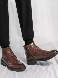 Mens Classic Wingtip Dress Boots Round Toe Leather Low Heel Business Derby Ankle Boots