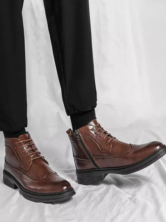 Mens Classic Wingtip Dress Boots Round Toe Leather Low Heel Business Derby Ankle Boots