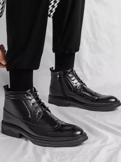 Mens Classic Wingtip Dress Boots Round Toe Leather Low Heel Business Derby Ankle Boots