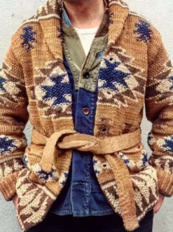 Men's Clothing Cardigan For Men Men's Sweaters Men's Cardigans Chic Geometric Long Sleeves Stylish Coffee Brown Coffee Brown
