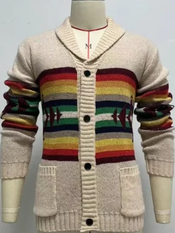 Men's Clothing Men's Cardigan Men's Sweaters Men's Cardigans Simple Geometric Long Sleeves Unique Khaki Khaki