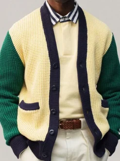 Men's Clothing Men's Cardigan Men's Sweaters Men's Cardigans Lounge Color Block Long Sleeves Stylish Yellow Yellow