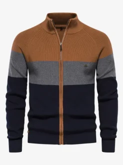Men's Clothing Men's Cardigan Men's Sweaters Men's Cardigans Casual Color Block Long Sleeves Unique Orange Dark Navy