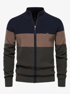 Men's Clothing Men's Cardigan Men's Sweaters Men's Cardigans Casual Color Block Long Sleeves Unique Orange Dark Navy