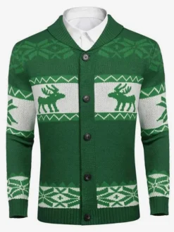 Men's Clothing Men's Cardigan Men's Sweaters Men's Cardigans Casual Geometric Long Sleeves Stylish Red Green