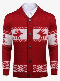 Men's Clothing Men's Cardigan Men's Sweaters Men's Cardigans Casual Geometric Long Sleeves Stylish Red Green