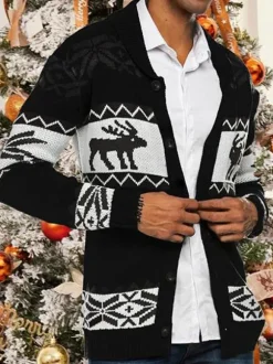 Men's Clothing Men's Cardigan Men's Sweaters Men's Cardigans Casual Geometric Long Sleeves Stylish Red Green