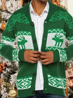 Men's Clothing Men's Cardigan Men's Sweaters Men's Cardigans Casual Geometric Long Sleeves Stylish Red Green