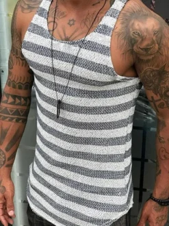Men's Clothing Tanks T-Shirts & Tanks Men Tank singlet Jewel Neck Stripes Slim Fit Light Gray summer top