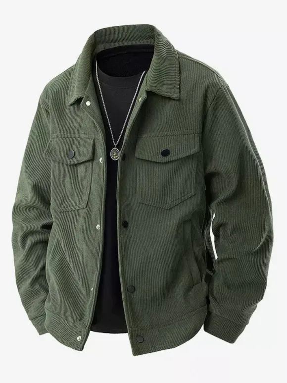 7. Men's Corduroy Jacket Long Sleeve Chest Flap Pockets And Side Pockets Windproof And Durable Retro Coat