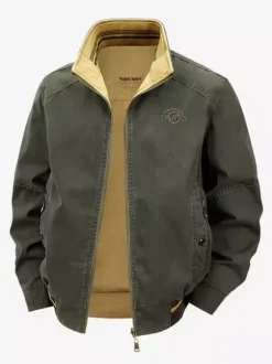Men’s Cotton Jacket Stand Collar Casual Workwear Durable Multi Pocket Outerwear