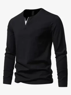 Men’s Cotton V-Neck Long-Sleeve T-Shirt Casual Solid Color Top