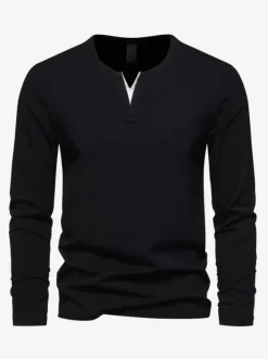 Men’s Cotton V-Neck Long-Sleeve T-Shirt Casual Solid Color Top