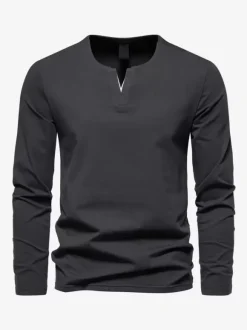 Men’s Cotton V-Neck Long-Sleeve T-Shirt Casual Solid Color Top