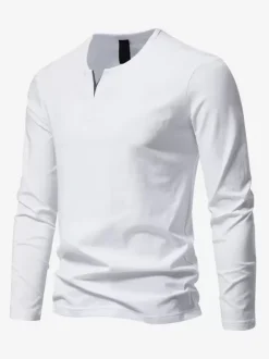 Men’s Cotton V-Neck Long-Sleeve T-Shirt Casual Solid Color Top