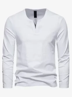 Men’s Cotton V-Neck Long-Sleeve T-Shirt Casual Solid Color Top