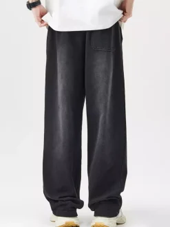Men's Cotton Washed Distressed Wide-Leg Pants Drawstring Casual Straight-Leg Trousers