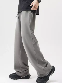 Men's Cotton Washed Distressed Wide-Leg Pants Drawstring Casual Straight-Leg Trousers