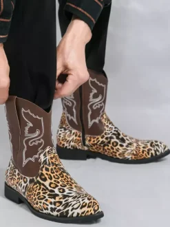 Mens Cowboy Boots High Top Ankel Boots Leopard Western Embroidery Shoes