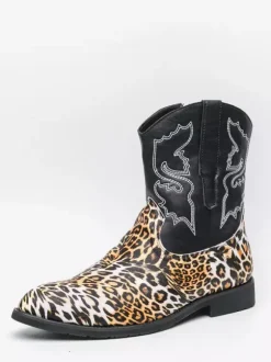 Mens Cowboy Boots High Top Ankel Boots Leopard Western Embroidery Shoes