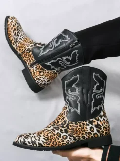 Mens Cowboy Boots High Top Ankel Boots Leopard Western Embroidery Shoes