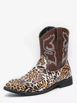 Mens Cowboy Boots High Top Ankel Boots Leopard Western Embroidery Shoes