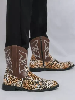 Mens Cowboy Boots High Top Ankel Boots Leopard Western Embroidery Shoes