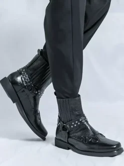 Mens Cowboy Boots Square Toe Rivets Punk Biker Boots High Top Pull On High Top Boots