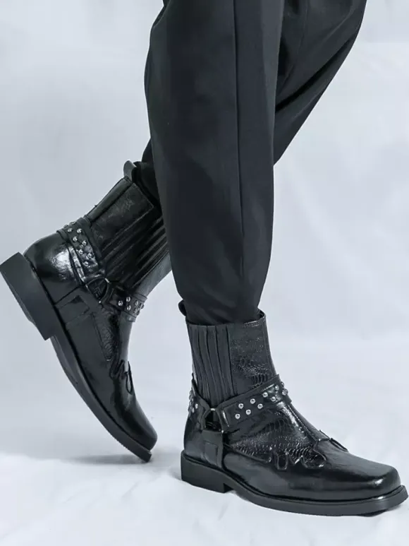 Mens Cowboy Boots Square Toe Rivets Punk Biker Boots High Top Pull On High Top Boots