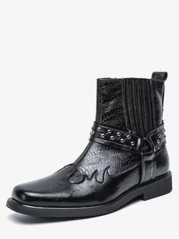 Mens Cowboy Boots Square Toe Rivets Punk Biker Boots High Top Pull On High Top Boots