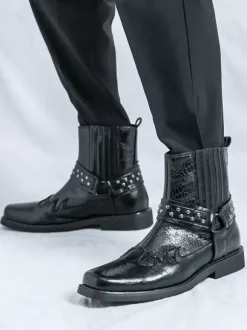 Mens Cowboy Boots Square Toe Rivets Punk Biker Boots High Top Pull On High Top Boots