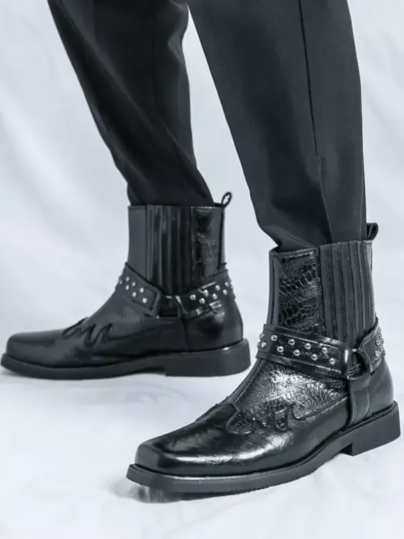 Mens Cowboy Boots Square Toe Rivets Punk Biker Boots High Top Pull On High Top Boots
