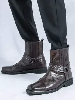 Mens Cowboy Boots Square Toe Rivets Punk Biker Boots High Top Pull On High Top Boots