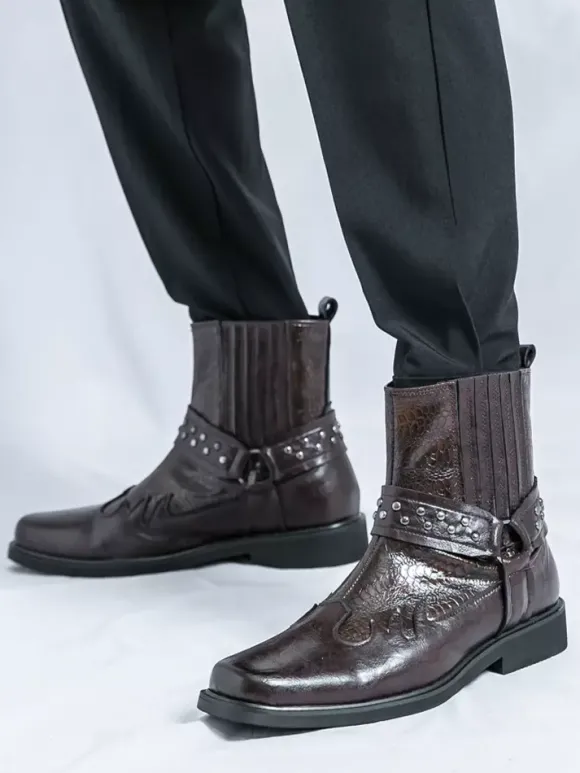 Mens Cowboy Boots Square Toe Rivets Punk Biker Boots High Top Pull On High Top Boots