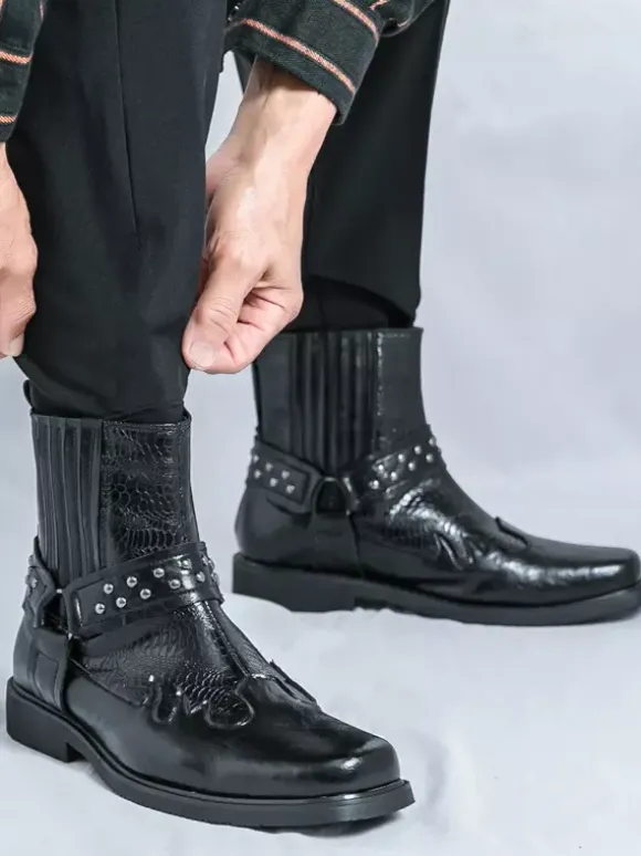 Mens Cowboy Boots Square Toe Rivets Punk Biker Boots High Top Pull On High Top Boots