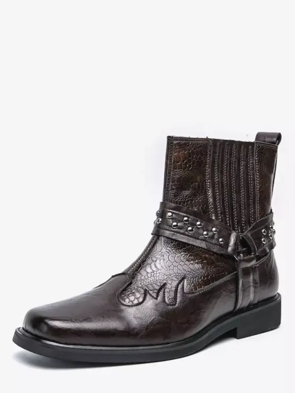 Mens Cowboy Boots Square Toe Rivets Punk Biker Boots High Top Pull On High Top Boots