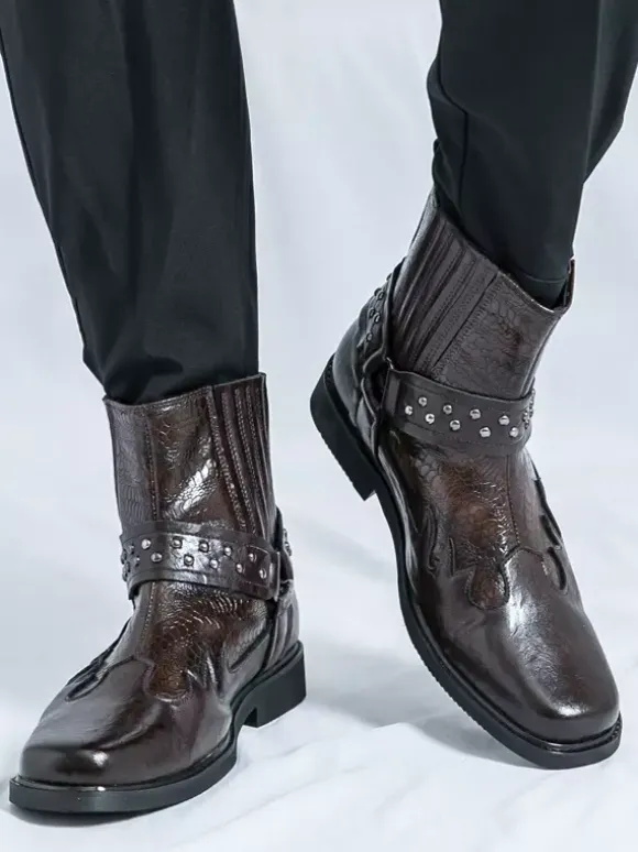 Mens Cowboy Boots Square Toe Rivets Punk Biker Boots High Top Pull On High Top Boots