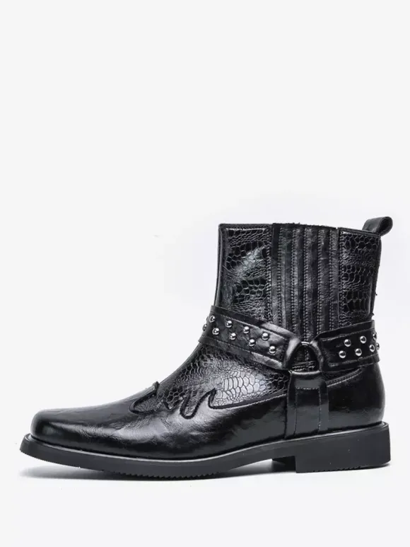 Mens Cowboy Boots Square Toe Rivets Punk Biker Boots High Top Pull On High Top Boots