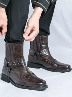 Mens Cowboy Boots Square Toe Rivets Punk Biker Boots High Top Pull On High Top Boots